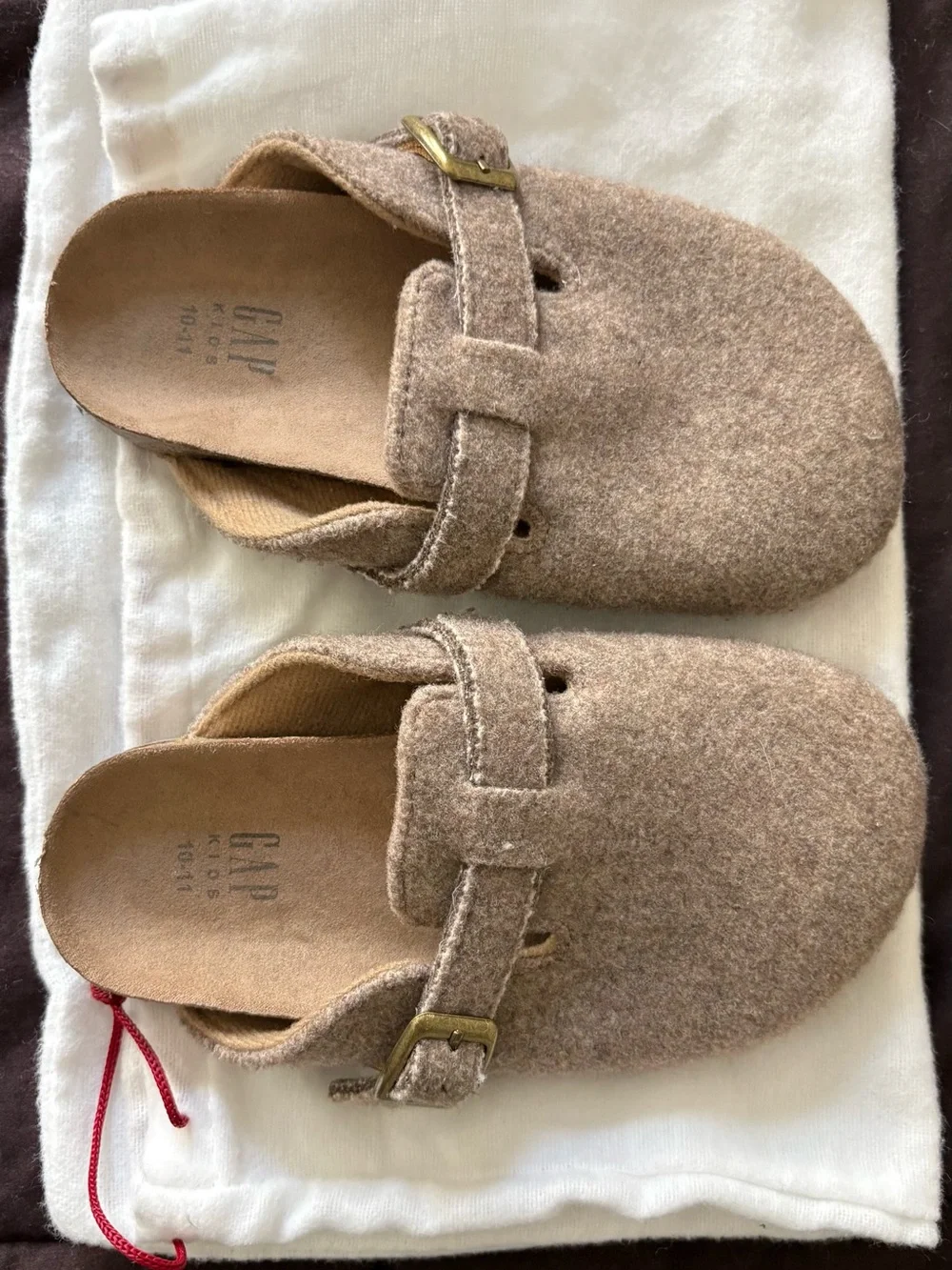 GAP Felt Clog Mules in Taupe Brown with Brass Buckles